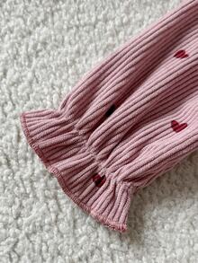 SHEIN 2件組幼女甜美可愛粉色愛心印花蕾絲領燈芯絨長袖圓領常規版生日派對秋季假期套裝附髮箍 - 粉色 - 查看 6