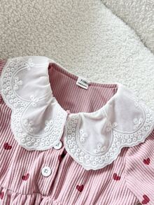 SHEIN 2件組幼女甜美可愛粉色愛心印花蕾絲領燈芯絨長袖圓領常規版生日派對秋季假期套裝附髮箍 - 粉色 - 查看 5