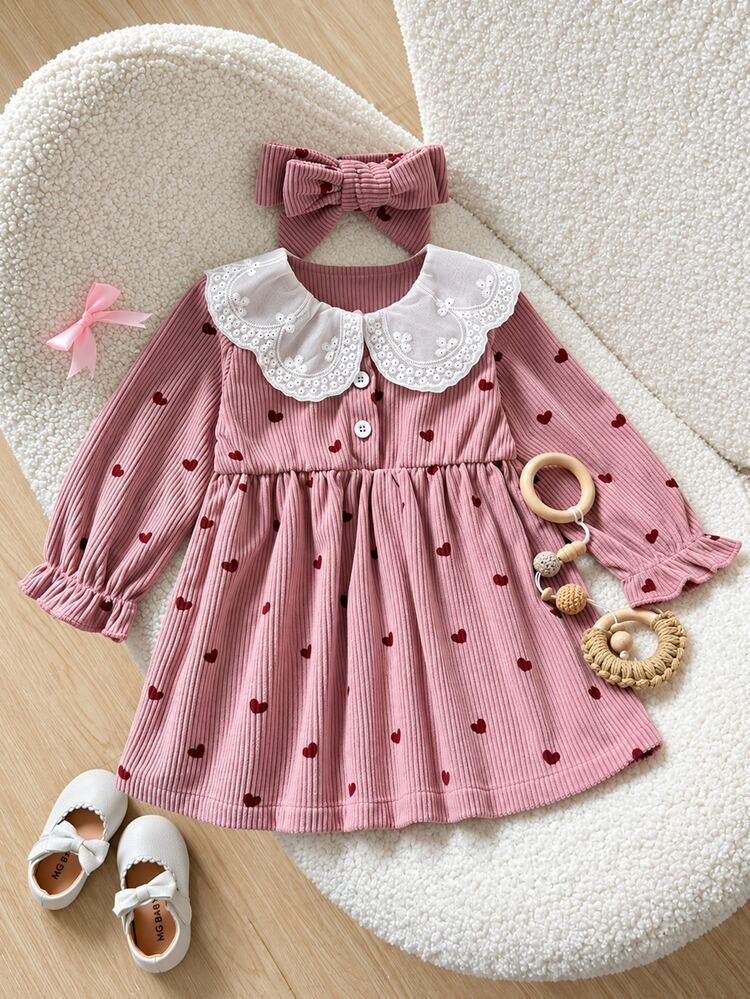 SHEIN 2Pcs Toddler Girl Dress Sweet Cute Pink Heart Print Lace Collar Corduroy Long Sleeve Round Neck Regular Birthday Party Fall Fall Holiday Set Headband - Pink - View 7