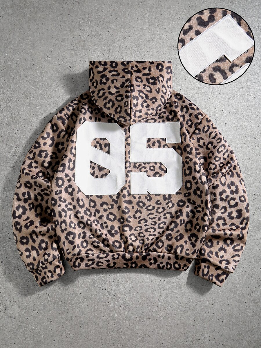 ROMWE MEN Men's Autumn Casual Leopard Print Digit Patch Embroidery Kangaroo Pocket Hoodie - Brown - View 1