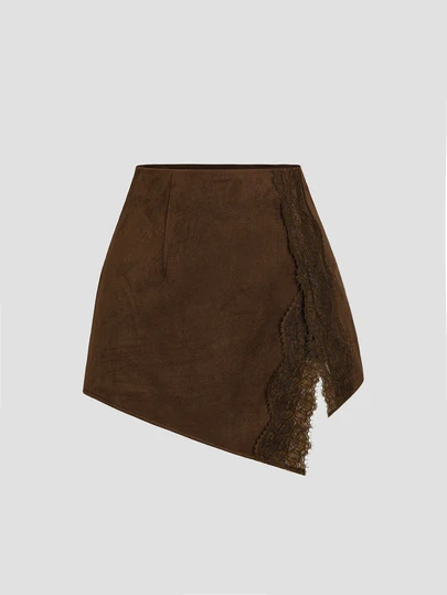 Sweetra Saia Mini de Camurça Marrom Chocolate Feminina, Cintura Média com Renda, Fenda Assimétrica, Bainha Assimétrica, Saia Elegante para Festa