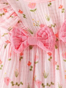 SHEIN 2pcs Newborn Baby Girl Floral Print Long Sleeve Romper, Sweet Ruffle Trim Bow Decor Jumpsuit Outfit With Adorable Matching Headband, Cute Clothes - Baby Pink - View 8