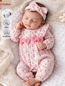 SHEIN 2pcs Newborn Baby Girl Floral Print Long Sleeve Romper, Sweet Ruffle Trim Bow Decor Jumpsuit Outfit With Adorable Matching Headband, Cute Clothes - Baby Pink - View 4