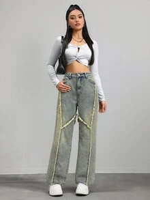 Jeanoix Women's Casual Everyday Denim Jeans With Pocket, Button And Frayed Hem - Yellow - View 4