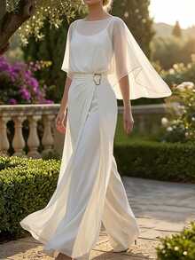 SHEIN LUNE Women's Solid Color Boat Neck Mesh Patchwork Flare Sleeve Elegant Jumpsuit - White - View 1