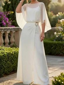 SHEIN LUNE Women's Solid Color Boat Neck Mesh Patchwork Flare Sleeve Elegant Jumpsuit - White - View 3
