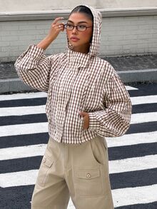 Muchica 女款棕色格紋編織連帽拉鍊外套，適合萬聖節、街頭風、派對、秋冬春夏、聖誕節、新年、感恩節、畢業典禮、優雅、外出、約會、通勤、情人節、Y2K及其他場合 - 彩色 - 查看 3