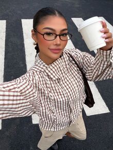 Muchica 女款棕色格紋編織連帽拉鍊外套，適合萬聖節、街頭風、派對、秋冬春夏、聖誕節、新年、感恩節、畢業典禮、優雅、外出、約會、通勤、情人節、Y2K及其他場合 - 彩色 - 查看 1
