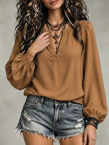 LUMIGAL 女款V領棕色長袖寬鬆版型襯衫 - 駝色 - 查看 6