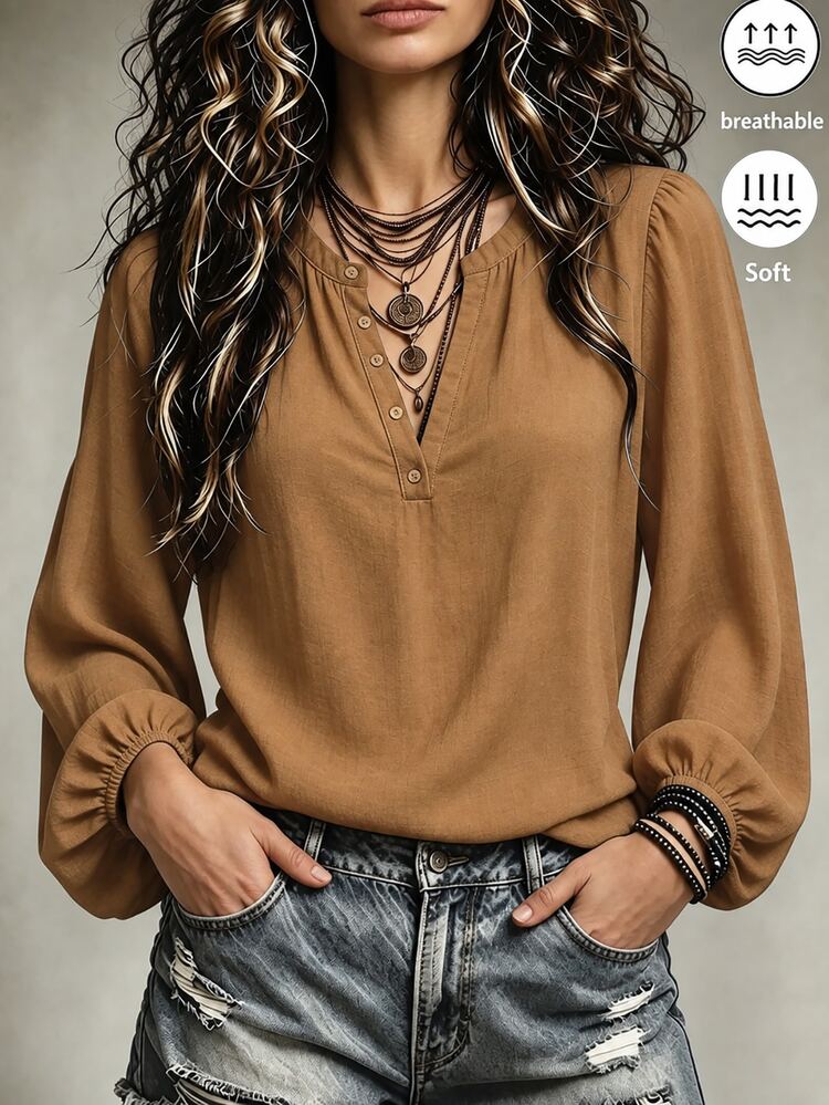 LUMIGAL Women's V-Neck Brown Long Sleeve Loose Fit Blouse - Camel - View 1