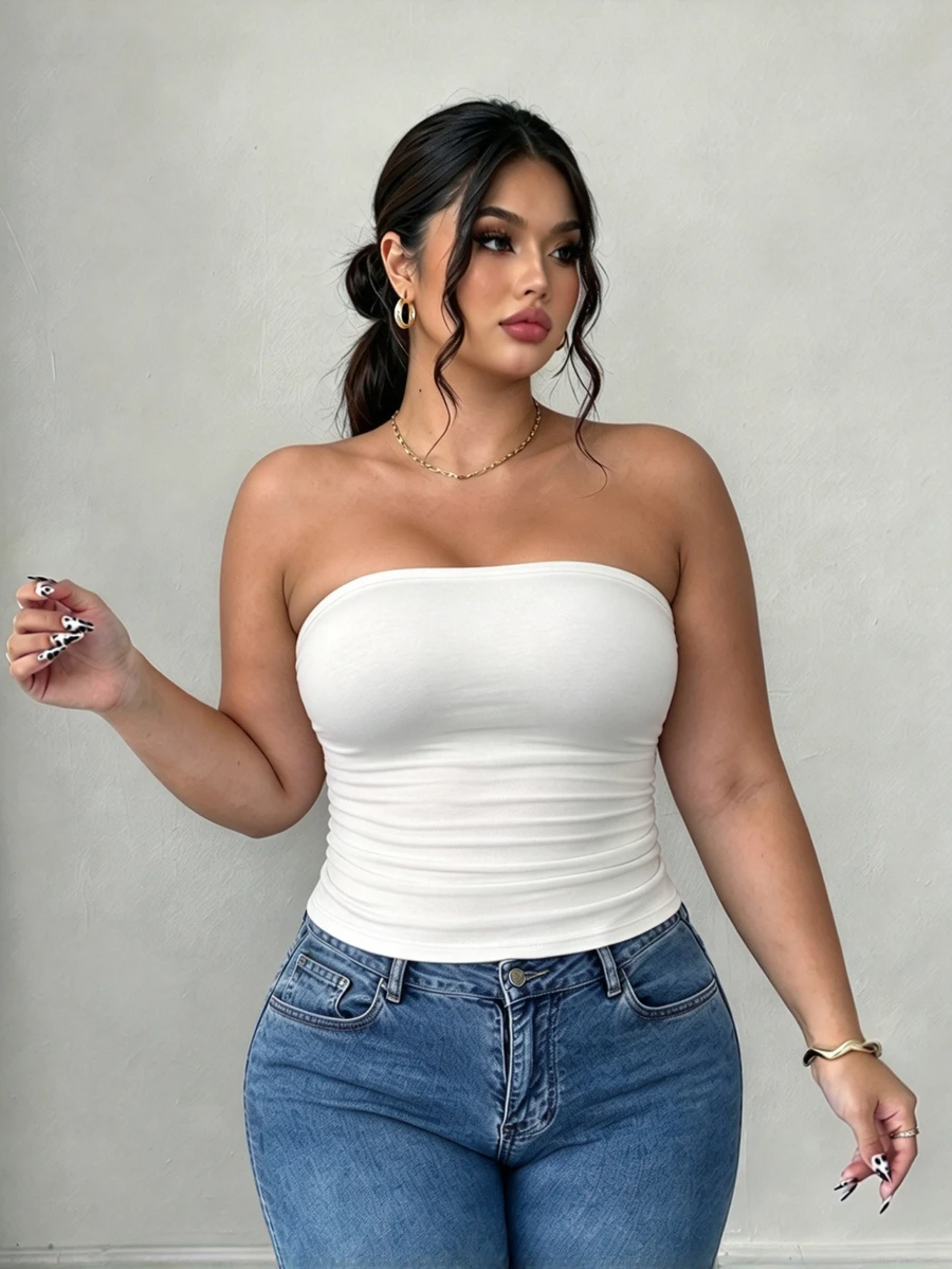 Elenzga Plus Size Women Casual Solid Color Fitted Tube Top, Summer - White - View 1