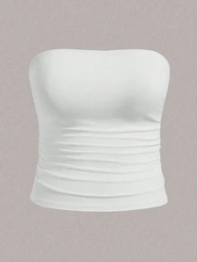 Elenzga Plus Size Women Casual Solid Color Fitted Tube Top, Summer - White - View 3