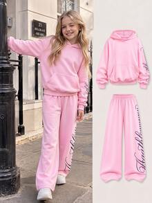 SHEIN Teen Girls Pink Fleece Lined Sweatshirt Set, Hooded Pullover Long Sleeve Floral Letter Print Long Pants. Thickened Warm Sports Casual Winter Wear - Pink - View 3