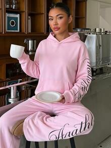 SHEIN Teen Girls Pink Fleece Lined Sweatshirt Set, Hooded Pullover Long Sleeve Floral Letter Print Long Pants. Thickened Warm Sports Casual Winter Wear - Pink - View 1