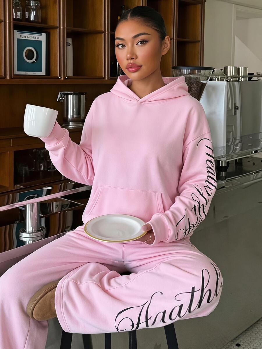 SHEIN Teen Girls Pink Fleece Lined Sweatshirt Set, Hooded Pullover Long Sleeve Floral Letter Print Long Pants. Thickened Warm Sports Casual Winter Wear - Pink - View 1