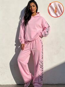 SHEIN Teen Girls Pink Fleece Lined Sweatshirt Set, Hooded Pullover Long Sleeve Floral Letter Print Long Pants. Thickened Warm Sports Casual Winter Wear - Pink - View 4