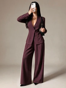 SHEIN PETITE Fashionable Commuter Jacket & Pants Suit Set - Brown - View 4
