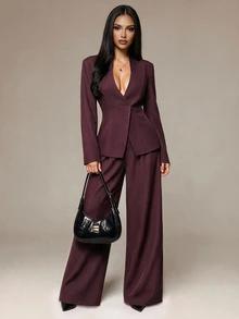 SHEIN PETITE Fashionable Commuter Jacket & Pants Suit Set - Brown - View 5