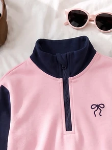 SHEIN 2pcs Toddler Girls Sweatshirt Pants Cute Sweet Navy Pink Bow Striped Long Sleeve Mock Neck Regular Birthday Party Fall Winter Holiday Active - Multicolor - View 6