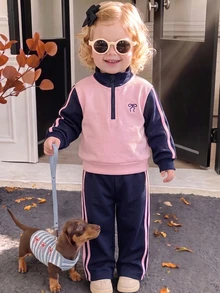 SHEIN 2pcs Toddler Girls Sweatshirt Pants Cute Sweet Navy Pink Bow Striped Long Sleeve Mock Neck Regular Birthday Party Fall Winter Holiday Active - Multicolor - View 3