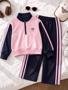 SHEIN 2pcs Toddler Girls Sweatshirt Pants Cute Sweet Navy Pink Bow Striped Long Sleeve Mock Neck Regular Birthday Party Fall Winter Holiday Active - Multicolor - View 1