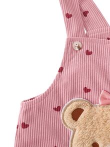 SHEIN Genkimix Kids Girls' Solid Color One-Piece Long Pants, Body Printed With Small Hearts, Decorated With 3D Bows And Bear Patches, Cute And Fashionable, Suitable For Multiple Occasions, Suitable For Spring And Autumn, Suitable For Daily Outings - Pink - View 8