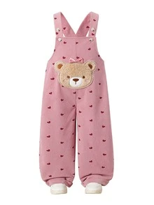 SHEIN Genkimix Kids Girls' Solid Color One-Piece Long Pants, Body Printed With Small Hearts, Decorated With 3D Bows And Bear Patches, Cute And Fashionable, Suitable For Multiple Occasions, Suitable For Spring And Autumn, Suitable For Daily Outings - Pink - View 6
