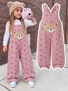SHEIN Genkimix Kids Girls' Solid Color One-Piece Long Pants, Body Printed With Small Hearts, Decorated With 3D Bows And Bear Patches, Cute And Fashionable, Suitable For Multiple Occasions, Suitable For Spring And Autumn, Suitable For Daily Outings - Pink - View 1