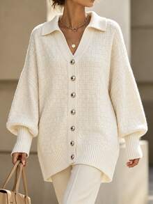 Penseblé Women's Autumn/Winter Vintage Long Sleeve V-Neck Lapel Loose Slouchy Knit Cardigan - Beige - View 1