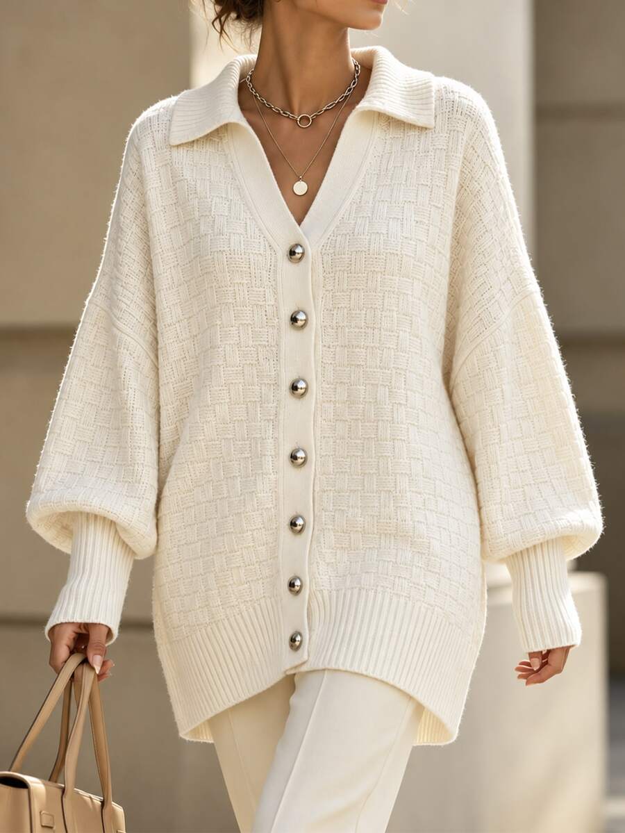 Penseblé Women's Autumn/Winter Vintage Long Sleeve V-Neck Lapel Loose Slouchy Knit Cardigan - Beige - View 1