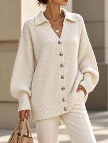 Penseblé Women's Autumn/Winter Vintage Long Sleeve V-Neck Lapel Loose Slouchy Knit Cardigan - Beige - View 7