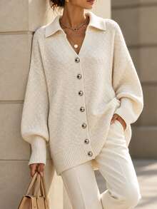Penseblé Women's Autumn/Winter Vintage Long Sleeve V-Neck Lapel Loose Slouchy Knit Cardigan - Beige - View 4