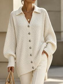 Penseblé Women's Autumn/Winter Vintage Long Sleeve V-Neck Lapel Loose Slouchy Knit Cardigan - Beige - View 6