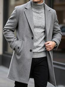 Manfinity CasualCool 男士純色口袋鈕扣前襟長袖大衣，適合秋冬冬季儀式場合 - 淺灰色 - 查看 3