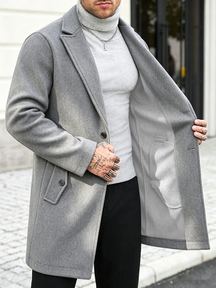 Manfinity CasualCool Men's Solid Color Pocket & Button Front Long Sleeve Overcoat, Autumn Fall, Winter Ceremony - Light Grey - View 5
