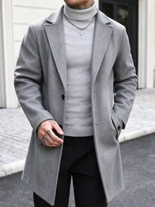 Manfinity CasualCool 男士純色口袋鈕扣前襟長袖大衣，適合秋冬冬季儀式場合 - 淺灰色 - 查看 4