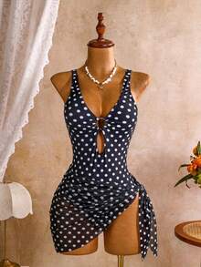 SHEIN Swim 女款豹紋隨機深V性感連身泳衣2件組，附網紗罩衫裙，海灘度假性感泳裝 - 黑色 - 查看 2
