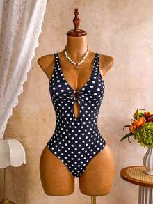 SHEIN Swim 女款豹紋隨機深V性感連身泳衣2件組，附網紗罩衫裙，海灘度假性感泳裝 - 黑色 - 查看 4