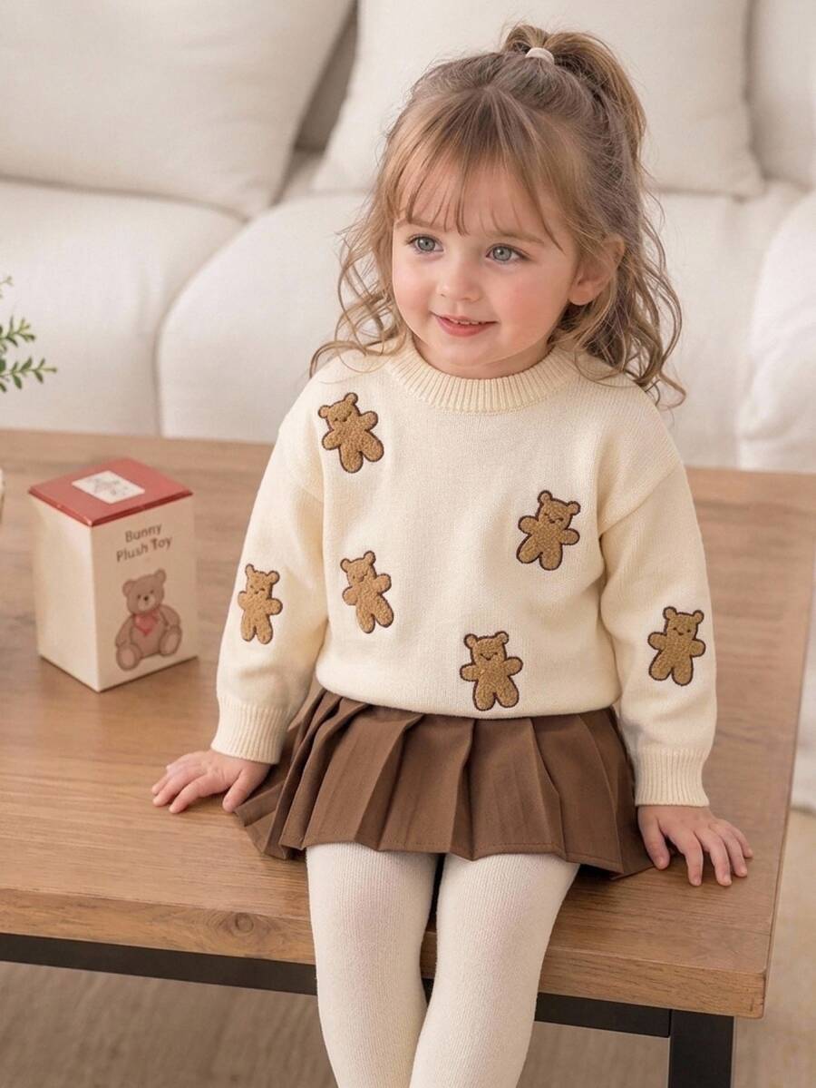 Girls' Handmade Floral Gradient Knit Sweater, Cute Casual Round Neck Lantern Sleeve Pullover - Beige - View 1