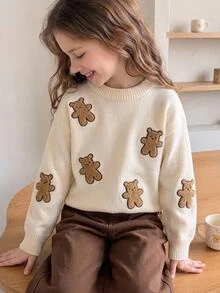 Girls' Handmade Floral Gradient Knit Sweater, Cute Casual Round Neck Lantern Sleeve Pullover - Beige - View 10