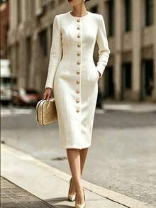 SHEIN Round Neck Single-Breasted Pocket Long Sleeve Mid-Length Dress For Women - White - View 1