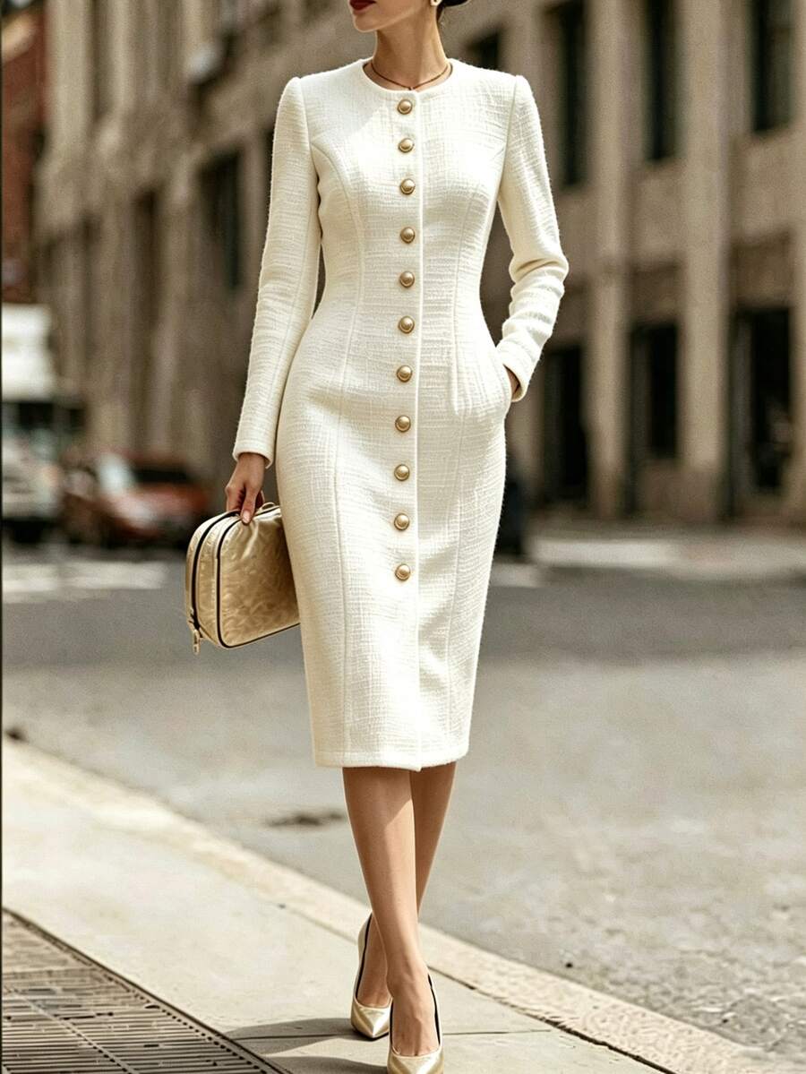 SHEIN Round Neck Single-Breasted Pocket Long Sleeve Mid-Length Dress For Women - White - View 1