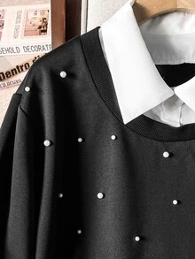 Lacomfia Women's 2 In 1 Long Sleeve Colorblock Pearl Decor Casual Comfortable Minimalist Chic Plus Size Sweatshirt - Black - View 7