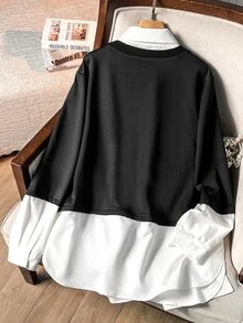 Lacomfia Women's 2 In 1 Long Sleeve Colorblock Pearl Decor Casual Comfortable Minimalist Chic Plus Size Sweatshirt - Black - View 2