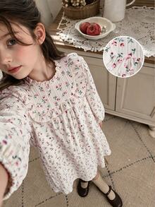 SHEIN Tween Girls Floral Fall Dress Fall Style Long Sleeve Top White Top Robe Automne Hiver Ruffle Smocked Boho Country Casual Cottagecore Clothes - Apricot - View 6