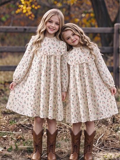 SHEIN Girls' Casual Fashion Sweet Elegant Generous Preppy Style Holiday Vacation Comfortable Campus Travel Commute Woven Polyester Digital Print Floral Pattern Button Apricot Round Neck Lace Long Sleeve Spring Autumn Back To School Dress