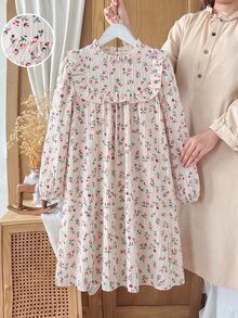 SHEIN Tween Girls Floral Fall Dress Fall Style Long Sleeve Top White Top Robe Automne Hiver Ruffle Smocked Boho Country Casual Cottagecore Clothes - Apricot - View 4