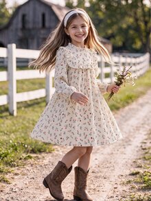 SHEIN Tween Girls Floral Fall Dress Fall Style Long Sleeve Top White Top Robe Automne Hiver Ruffle Smocked Boho Country Casual Cottagecore Clothes - Apricot - View 3