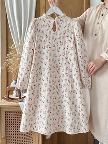 SHEIN Tween Girls Floral Fall Dress Fall Style Long Sleeve Top White Top Robe Automne Hiver Ruffle Smocked Boho Country Casual Cottagecore Clothes - Apricot - View 2