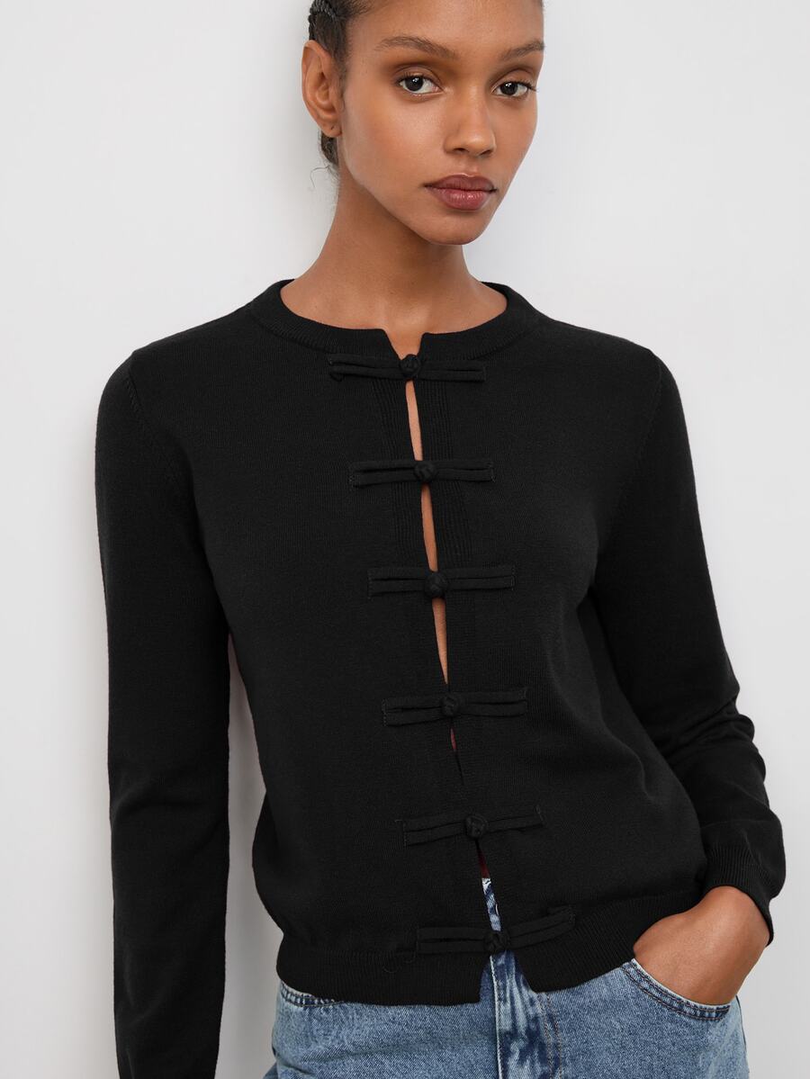 Maija Women's Solid Color Long Sleeve Frog Button Front Knit Cardigan Dinner Party Night Black Autumn French Elegant - Black - View 1
